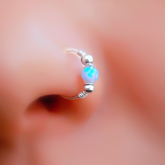 Blue Fire Opal Beaded Fake Clip On Nose Ring Cuff - Picture 3 of 6
